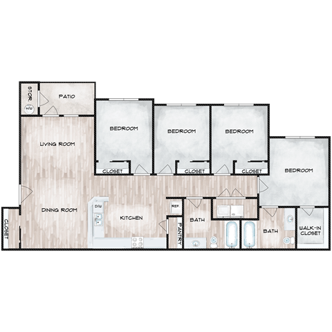 A floor plan of a house with a living room, dining room, kitchen, and multiple bedrooms.